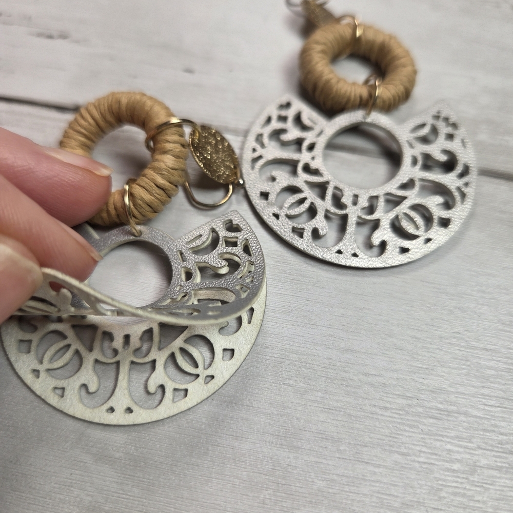 Boho Silver and Natural Woven Hoop Drop Earrings Lightweight - Picture 4 of 4